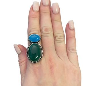 Blue Chalcedony & Green Onyx Silver Ring Size 10